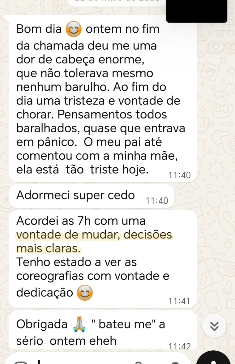 Print anónimo de depoimento: Sentiu clareza e vontade de mudar