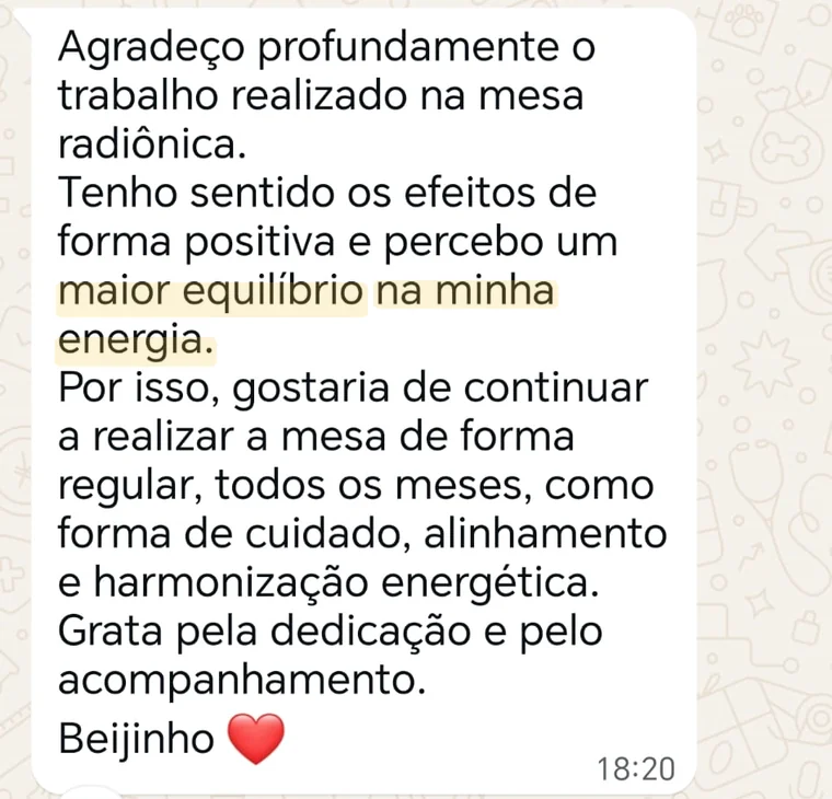 Print anónimo de depoimento: Recuperou equilíbrio e energia